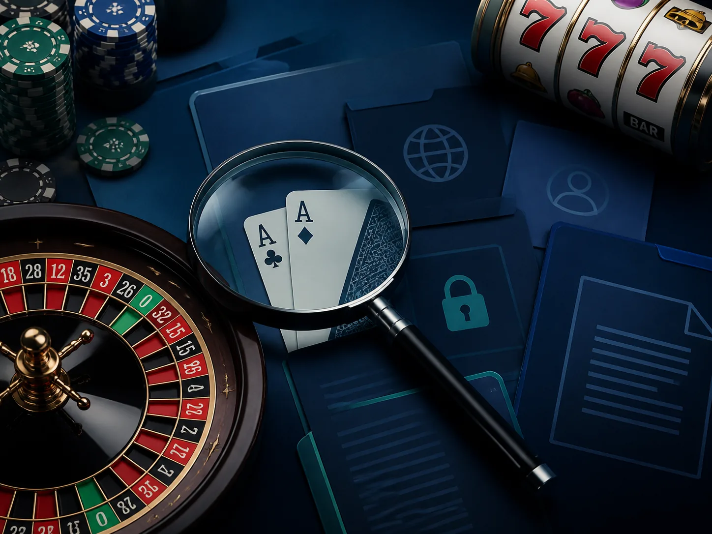 Roleta, cartas e rolos de slot em composição editorial