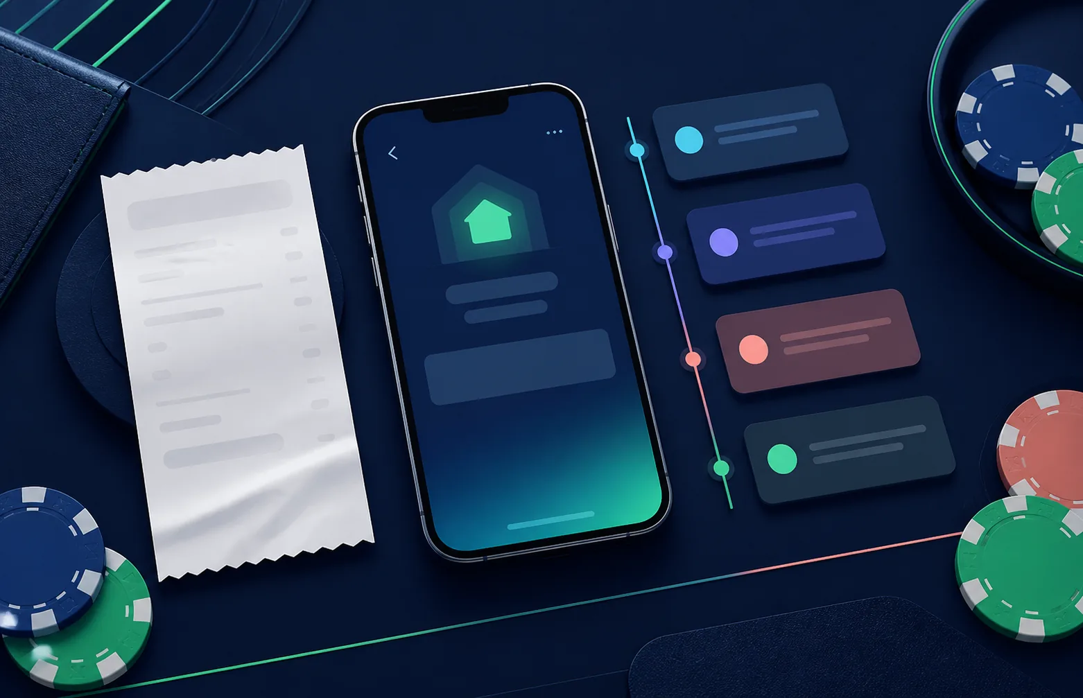 Celular, comprovante genérico e fichas em fluxo de pagamento